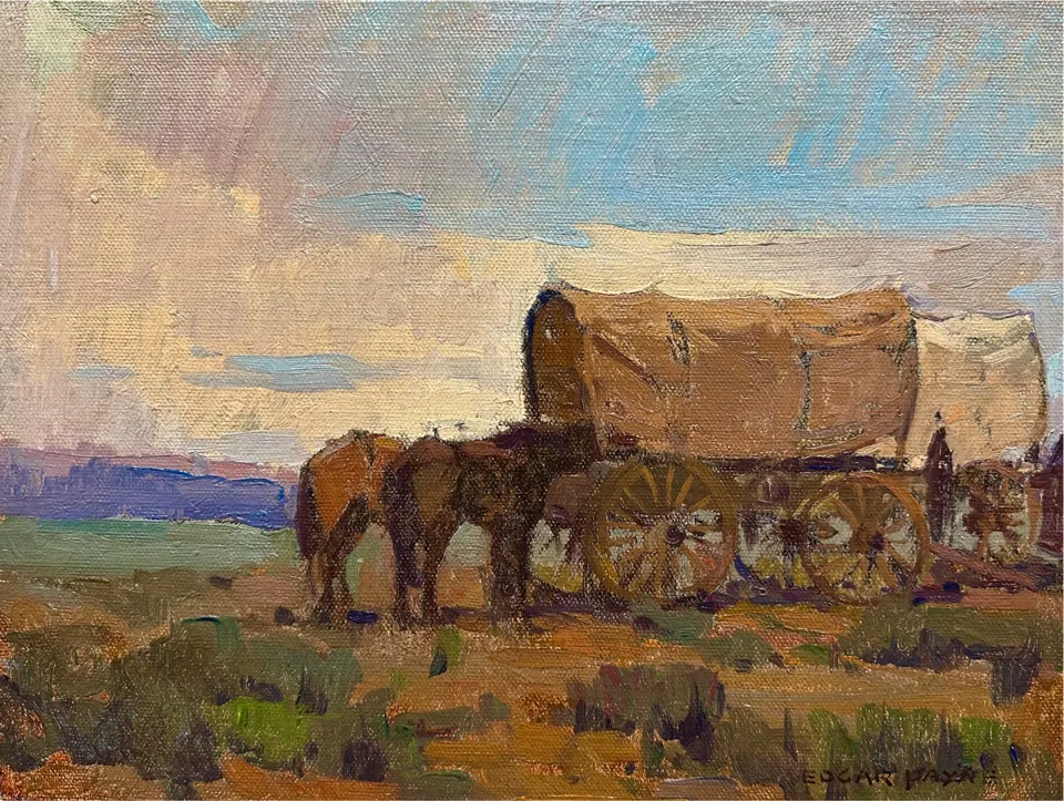 Edgar Payne painting, Covered Wagons, oil on canvasboard