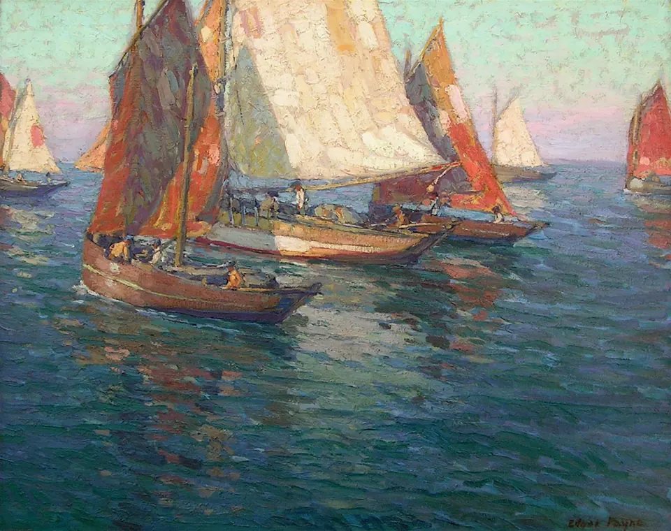 Edgar Payne painting, Fishing Boats At Sea, oil on canvas