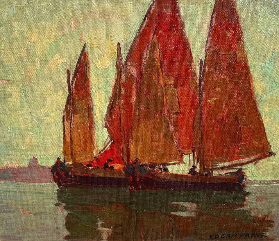 Edgar Payne painting, Red Sails, oil on board